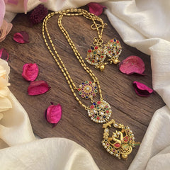 Vriksham Dual Peacock Navrathna Pendant Chain-Golden Bead-G15681