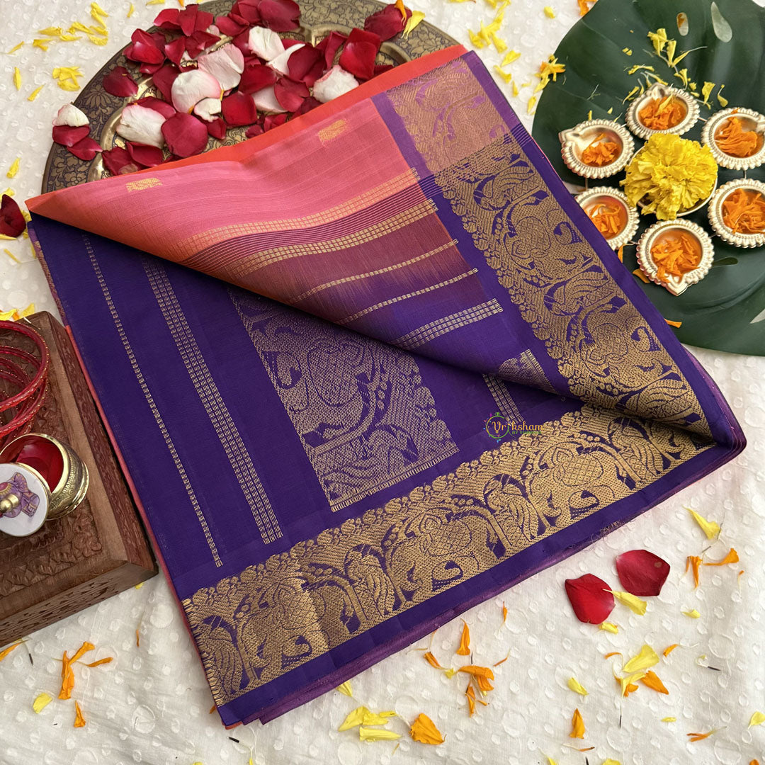 Vriksham Pink With Gold Zari & Purple Border Silk Cotton Saree-VS4629