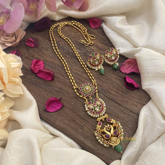 Vriksham Dual Peacock Pendant Chain-Green Bead-Red Green-G15688