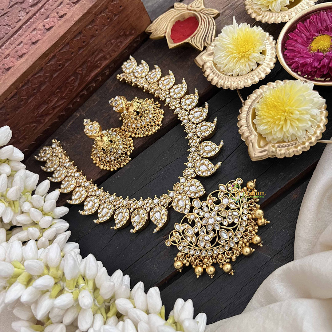 Vriksham Elegant Golden Touch With White Manga Short Neckpiece-Gold Bead-G20533