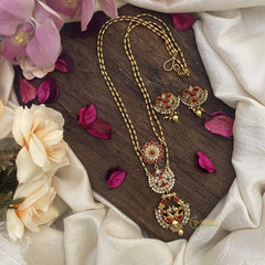 Vriksham Dual Peacock Coral Stone Pendant Chain-Golden Bead-G15682