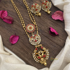 Vriksham Dual Peacock Coral Stone Pendant Chain-Golden Bead-G15682