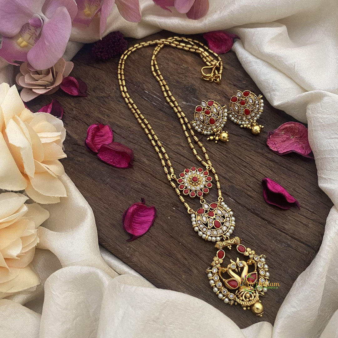 Vriksham Dual Peacock Coral Stone Pendant Chain-Golden Bead-G15682