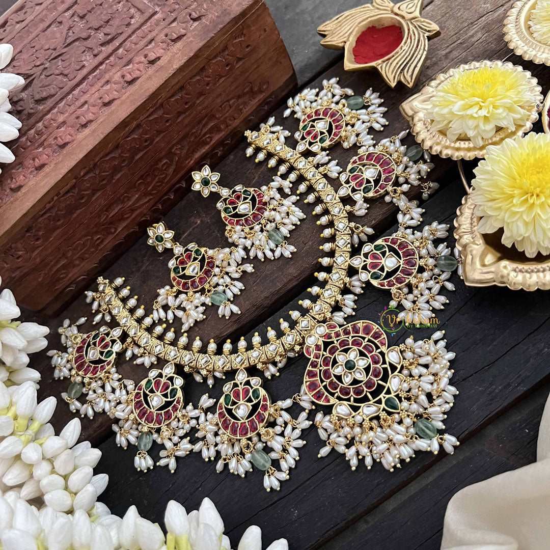 Vriksham Dual Peacock & Chandbali Guttapusalu Short Neckpiece-Rice Pearl-G20538