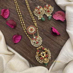 Vriksham Dual Peacock coral stone Pendant Chain-Green Bead-G15690