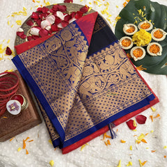 Vriksham Red & Peacock Designs Blue Broader Silk Cotton Saree-VS4646