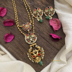 Vriksham Dual Peacock Navrathna Pendant Chain-Green Bead-G15689