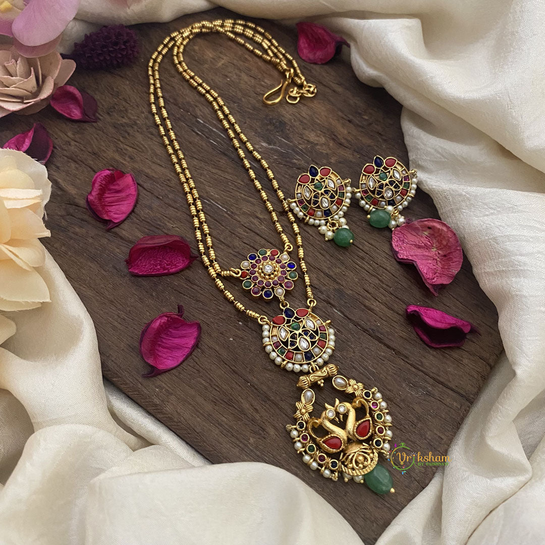 Vriksham Dual Peacock Navrathna Pendant Chain-Green Bead-G15689