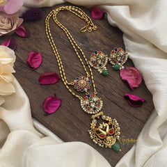 Vriksham Dual Peacock Navrathna Pendant Chain-Green Bead-G15689