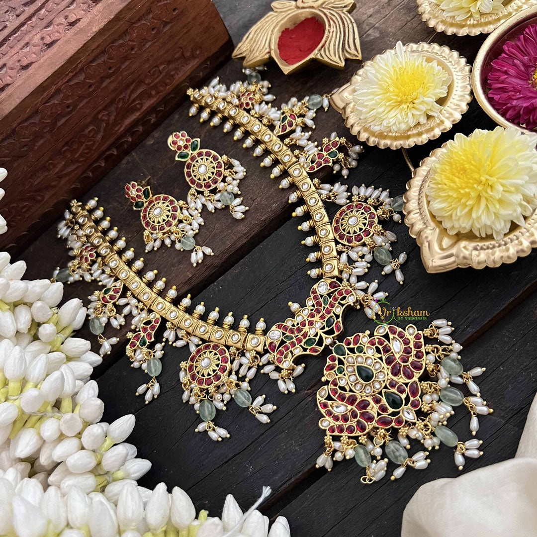 Vriksham Classic Diya & Floral Style Guttapusalu Short Neckpiece-Rice Pearl-Green Bead-G20539