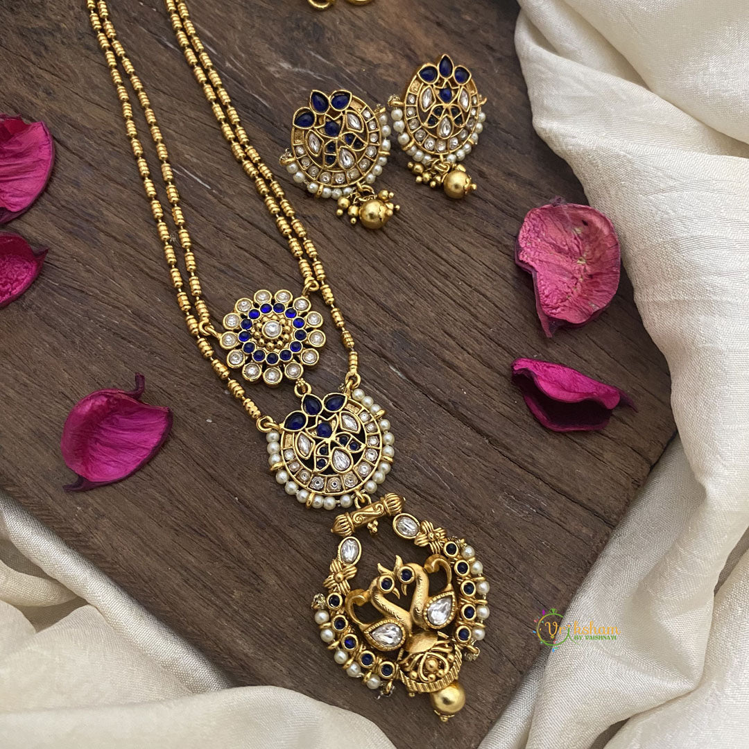 Vriksham Dual Peacock Pendant Chain-Golden Bead-Blue-G15686