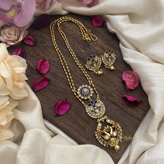 Vriksham Dual Peacock Pendant Chain-Golden Bead-Blue-G15686