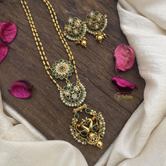 Vriksham Dual Peacock Pendant Chain-Golden Bead-Green-G15685