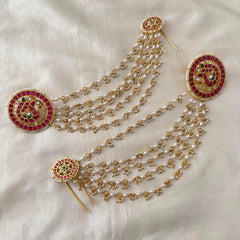 Premium Kundan Jadau Peacock Stud with Billai Chain -Pearl- J2129