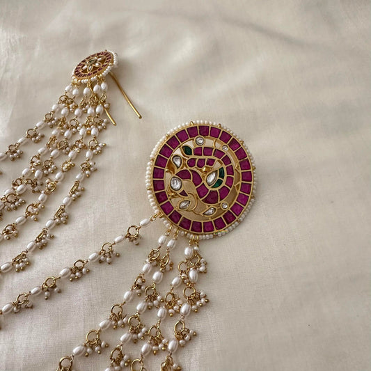 Premium Kundan Jadau Peacock Stud with Billai Chain -Pearl- J2129