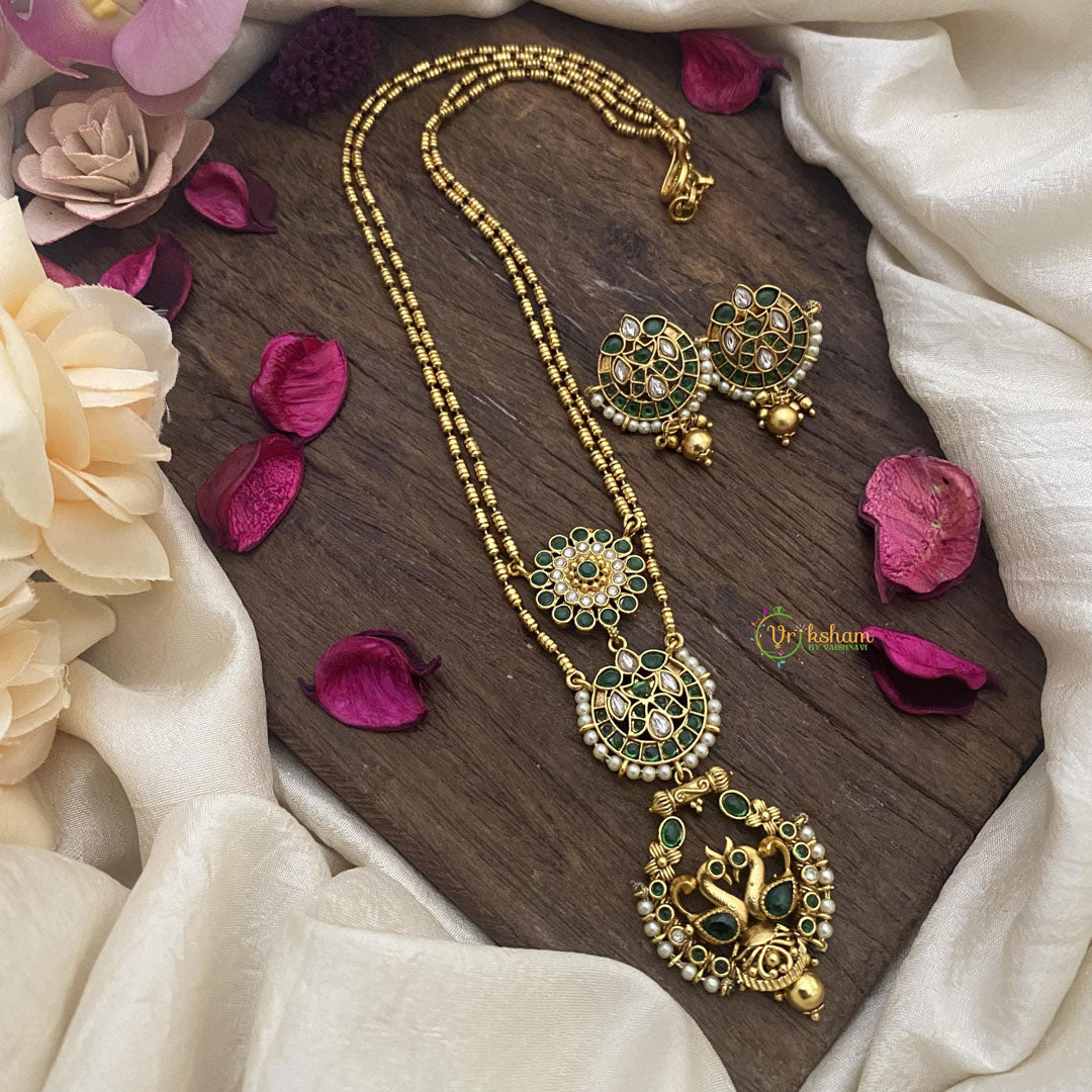 Vriksham Dual Peacock Pendant Chain-Golden Bead-Green-G15685