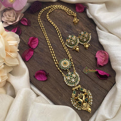 Vriksham Dual Peacock Pendant Chain-Golden Bead-Green-G15685