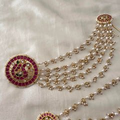 Premium Kundan Jadau Peacock Stud with Billai Chain -Pearl- J2129