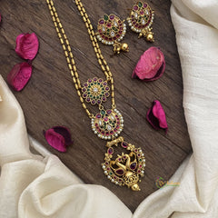 Vriksham Dual Peacock Pendant Chain-Golden Bead-Red Green-G15684