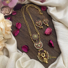 Vriksham Dual Peacock Pendant Chain-Golden Bead-Red Green-G15684