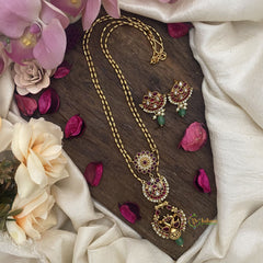 Vriksham Dual Peacock Pendant Chain-Green Bead-Red-G15687