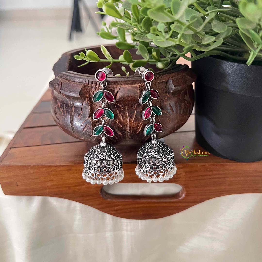 Vriksham Red & Green Stone Leaf Pattern Designer Jhumkas Earrings-S1101