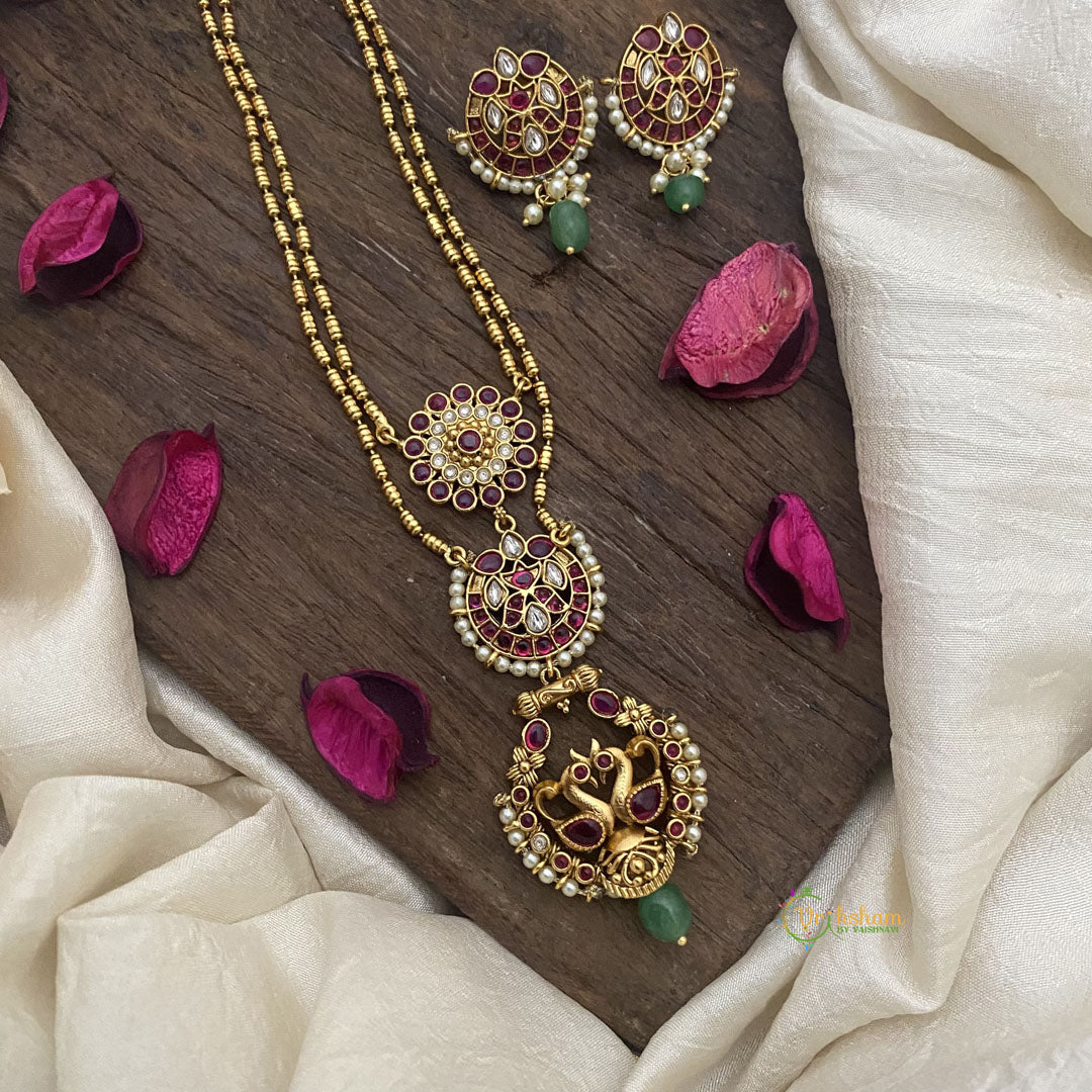 Vriksham Dual Peacock Pendant Chain-Green Bead-Red-G15687