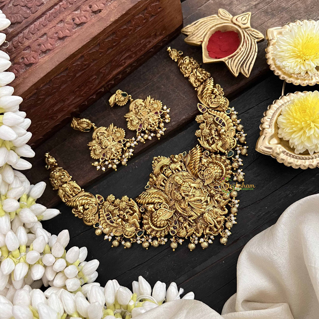 Vriksham Elegant Radha Krishna Idol Golden Touch With Pearl Short Neckpiece-Gold Bead-G20519