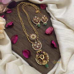 Vriksham Dual Peacock Pendant Chain-Green Bead-Red-G15687