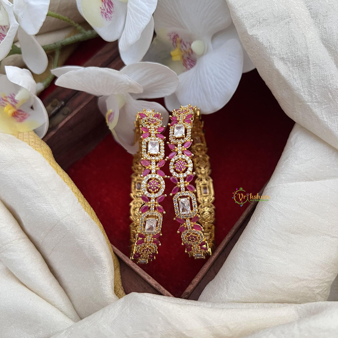 Stylish Gold Alike Red White AD Stone Bangle Set-G14963