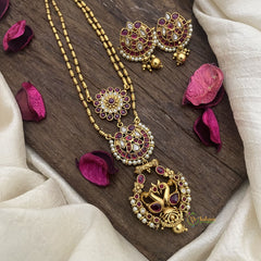 Vriksham Dual Peacock Pendant Chain-Golden Bead-Red-G15683