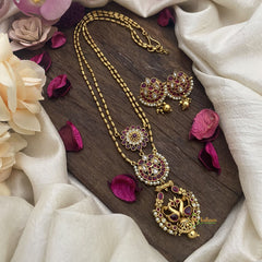 Vriksham Dual Peacock Pendant Chain-Golden Bead-Red-G15683