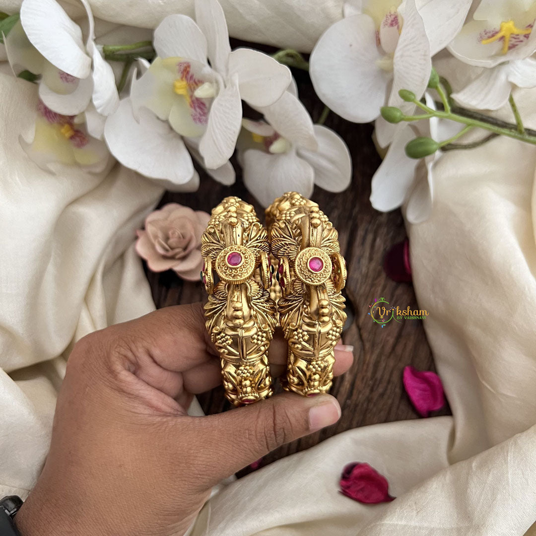 Vriksham Peacock Crown Temple Bangles-Screw Type Bangles-Red Green-G19940