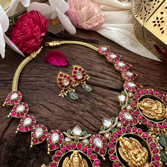 Premium Jadau Kundan Lakshmi Neckpiece-Pearl-Aqua Green Beads-J2244