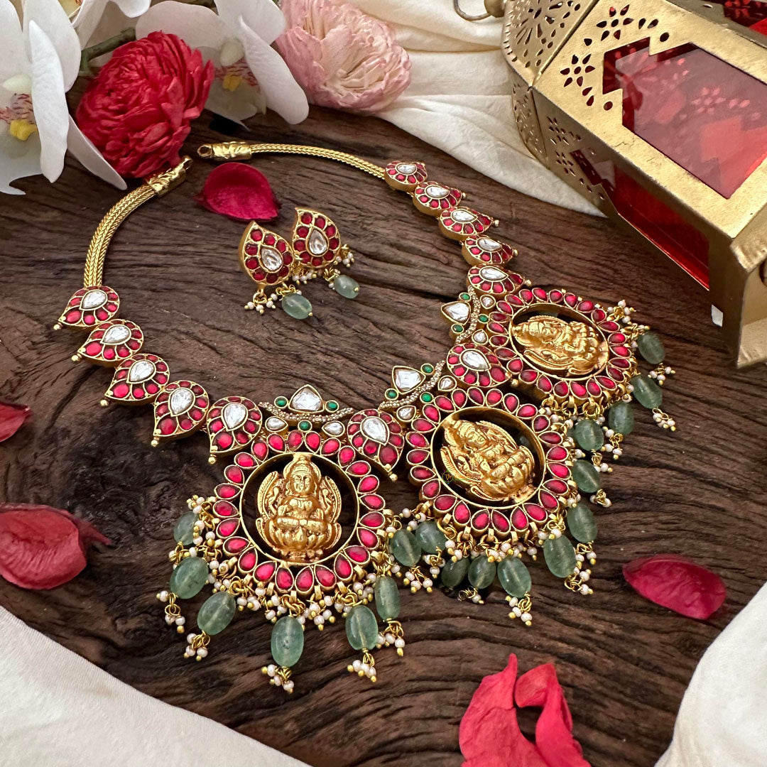 Premium Jadau Kundan Lakshmi Neckpiece-Pearl-Aqua Green Beads-J2244