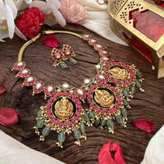 Premium Jadau Kundan Lakshmi Neckpiece-Pearl-Aqua Green Beads-J2244