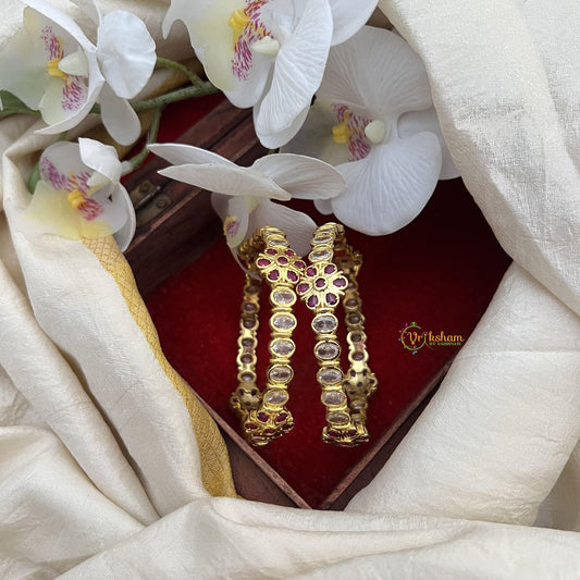 Gold Look Alike White Red AD Stone Floral Bangle Set-G14954