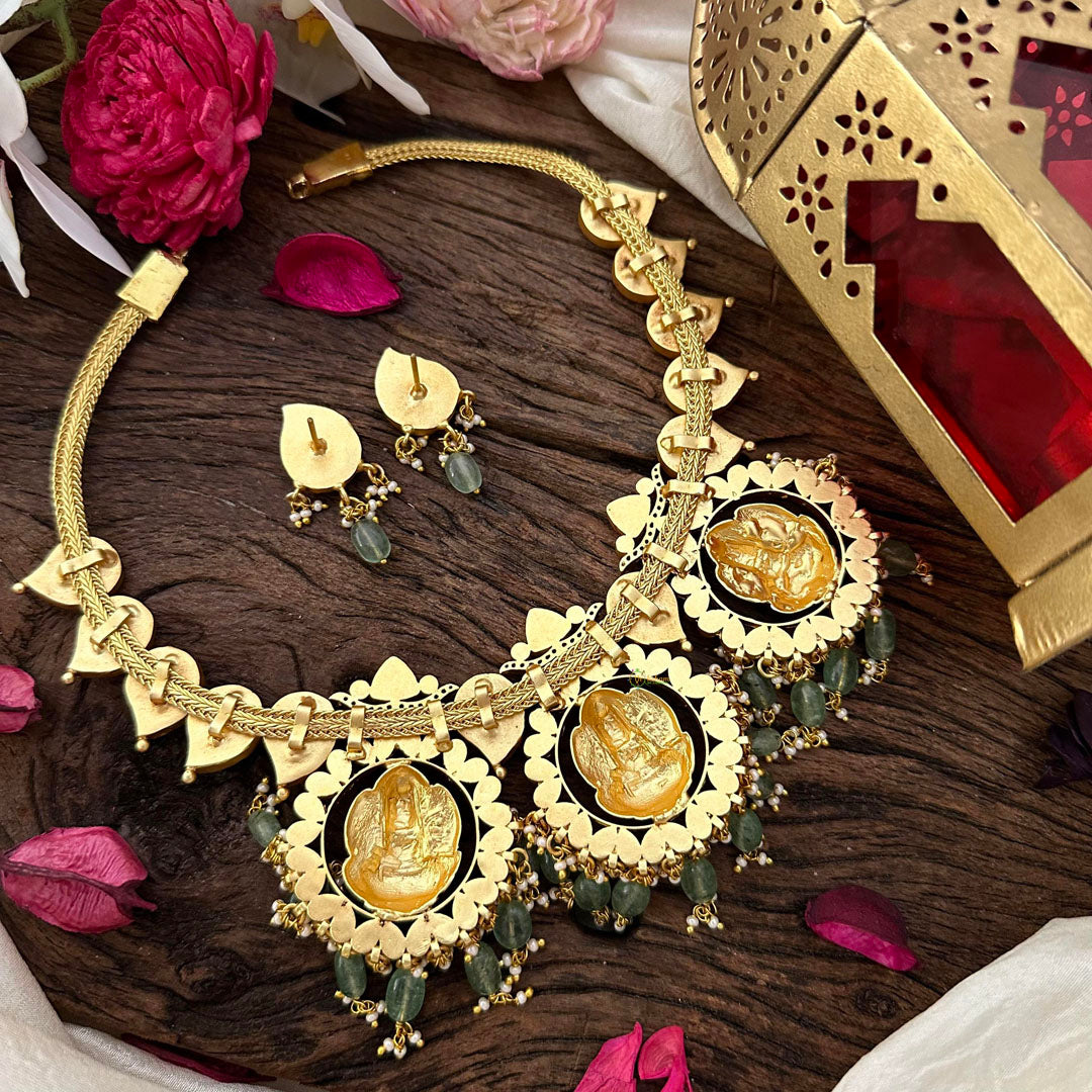 Premium Jadau Kundan Lakshmi Neckpiece-Pearl-Aqua Green Beads-J2244