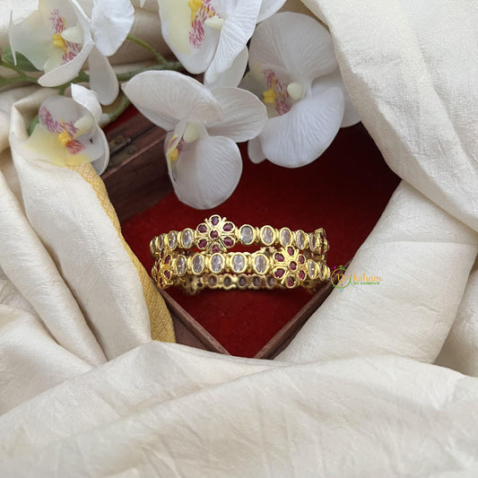 Gold Look Alike White Red AD Stone Floral Bangle Set-G14954