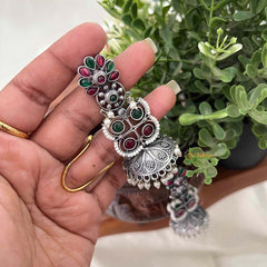 Vriksham Oxidized Silver With Green Red Stones and Pearl Droplet Jhumka Earrings-S1107