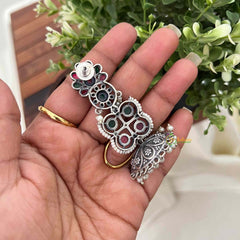 Vriksham Oxidized Silver With Green Red Stones and Pearl Droplet Jhumka Earrings-S1107