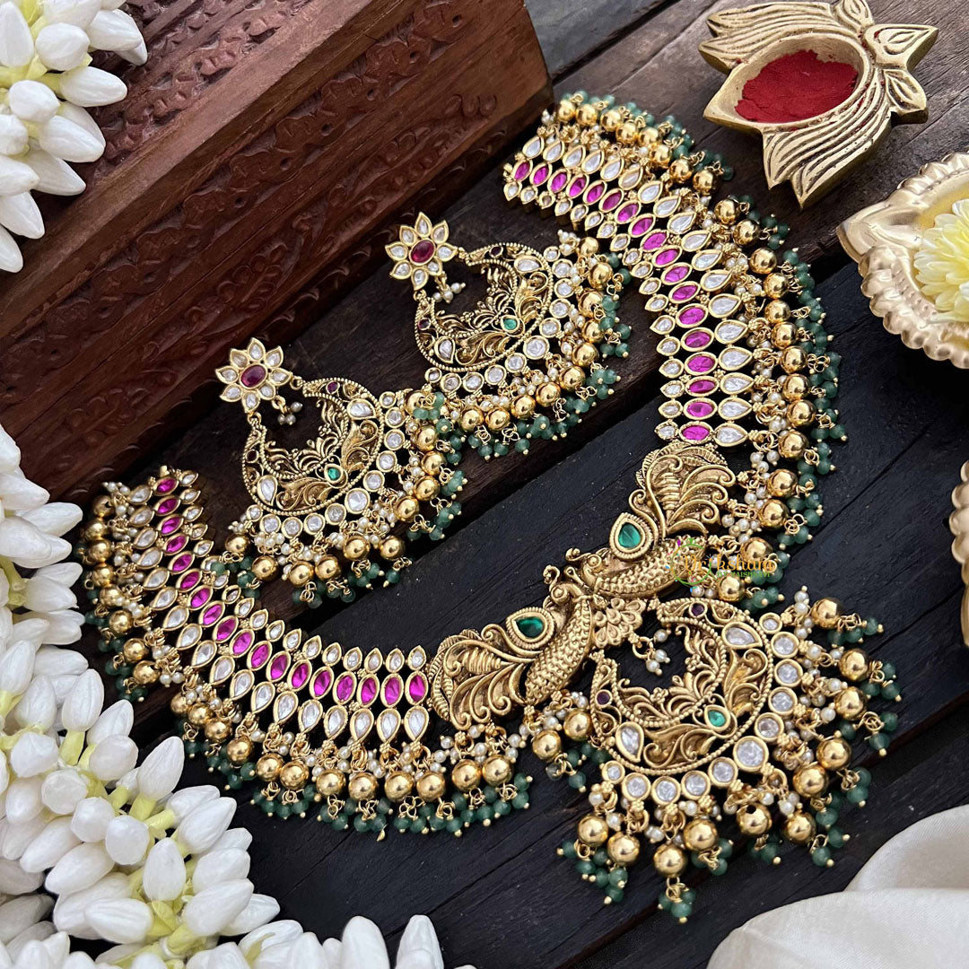 Vriksham Dual Peacock & Concert Pendant Style Short Neckpiece-Pearl-Gold & Green Bead-G20540