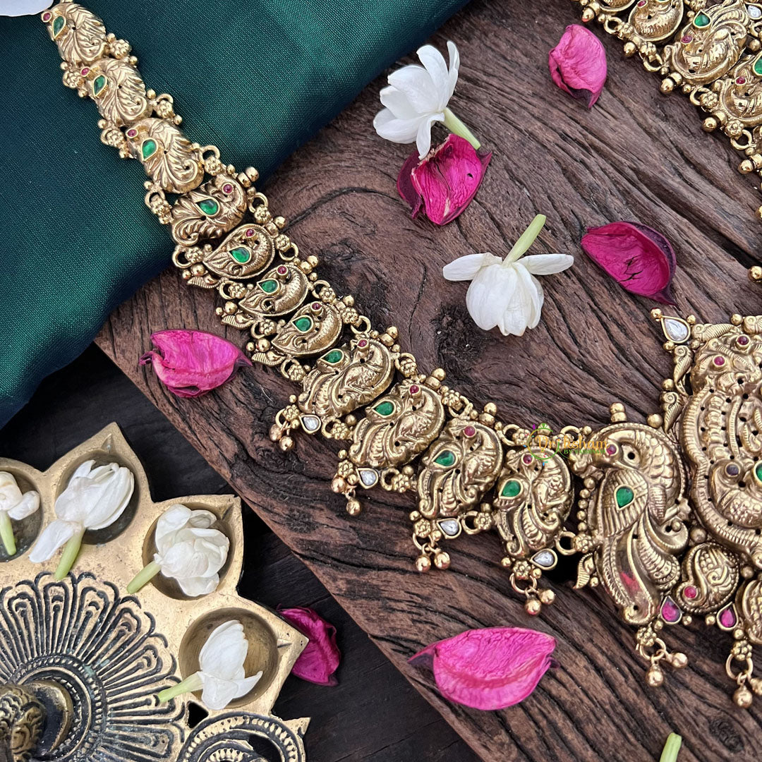 Vriksham Goddess Lakshmi Pendant With Peacock 1 gm Gold Haram-Green-G18931