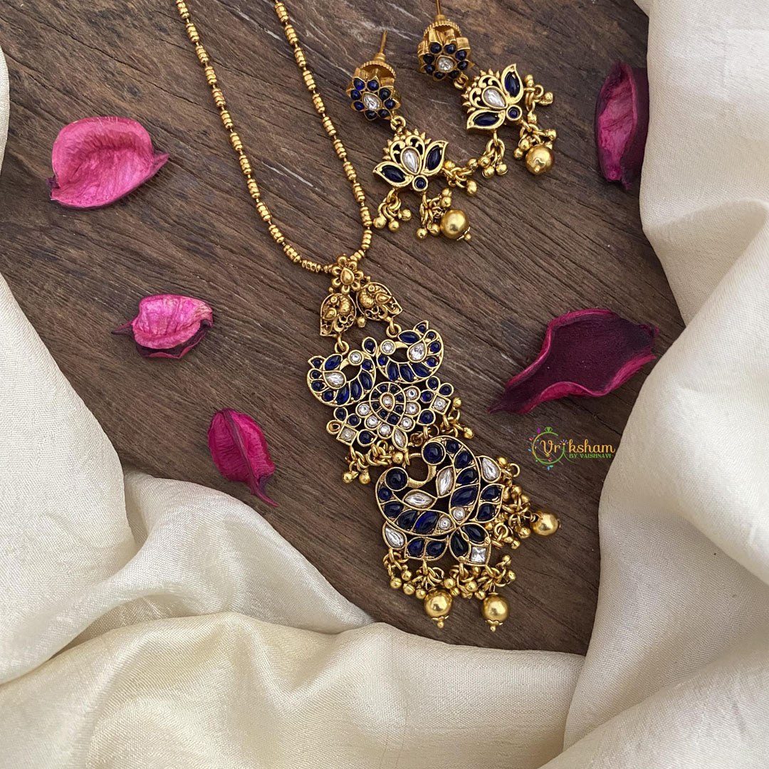Vriksham Dual Peacock Pendant Chain-Blue-Golden Pearls-G15605