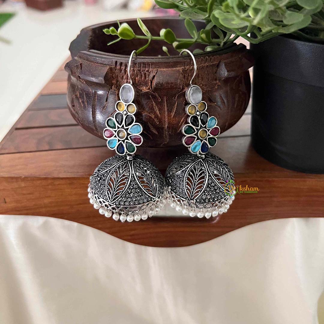 Vriksham Navratna Style Floral Dangles With Pearl Fringes Jhumka Earrings-White-S1108