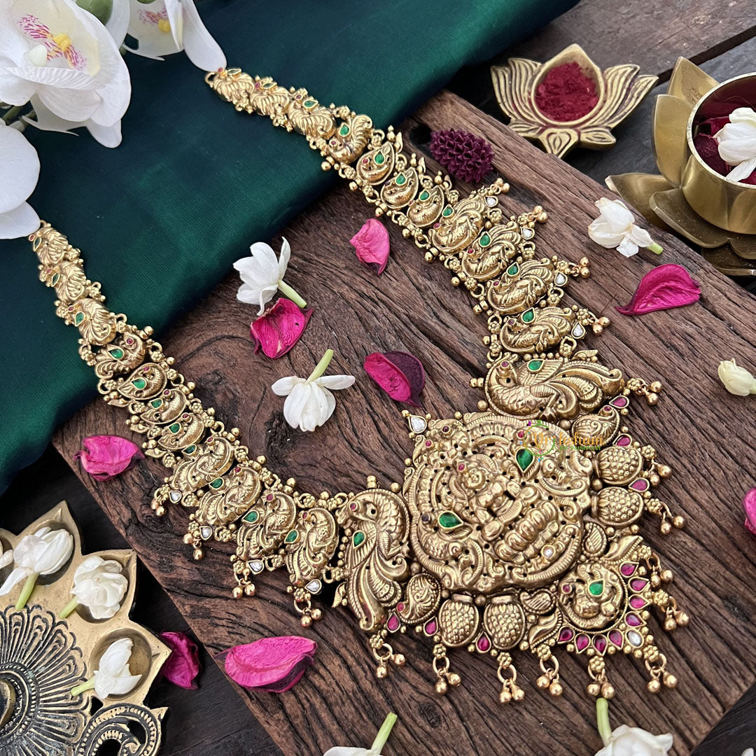 Vriksham Goddess Lakshmi Pendant With Peacock 1 gm Gold Haram-Green-G18931