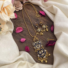 Vriksham Dual Peacock Pendant Chain-Blue-Golden Pearls-G15605