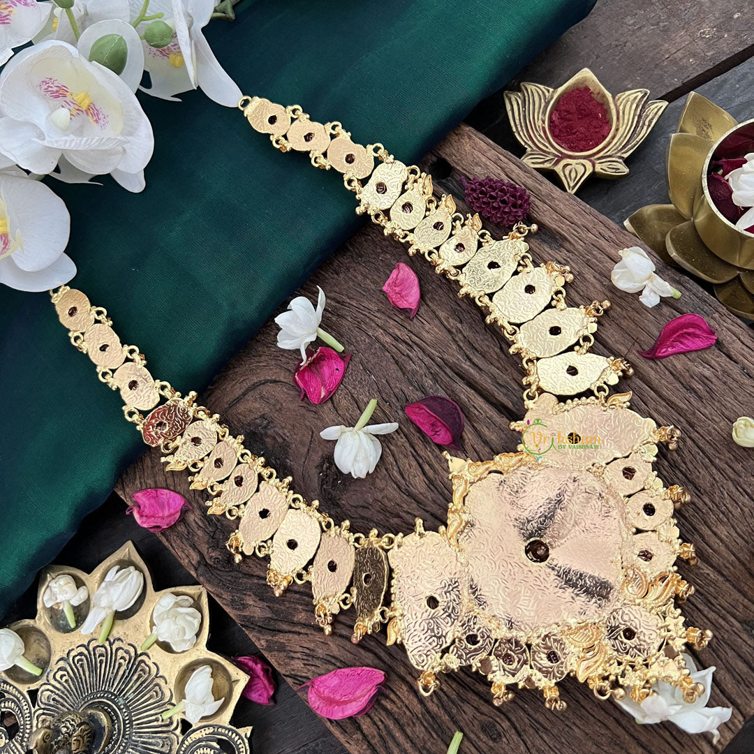 Vriksham Goddess Lakshmi Pendant With Peacock 1 gm Gold Haram-Green-G18931