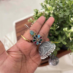 Vriksham Navratna Style Floral Dangles With Pearl Fringes Jhumka Earrings-Aqua Green-S1109