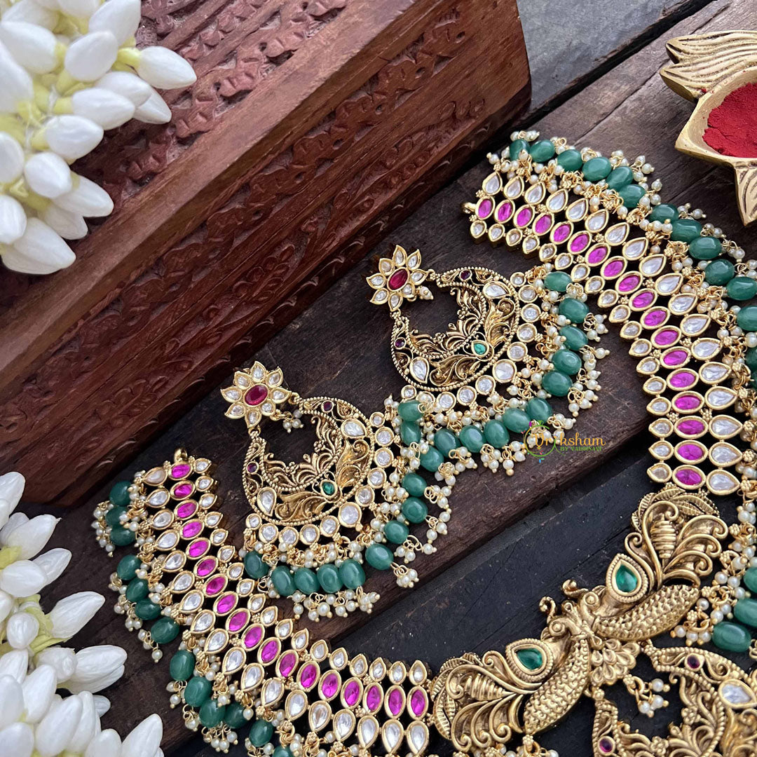 Vriksham Dual Peacock & Concert Pendant Style Short Neckpiece-Pearl-Green Bead-G20541